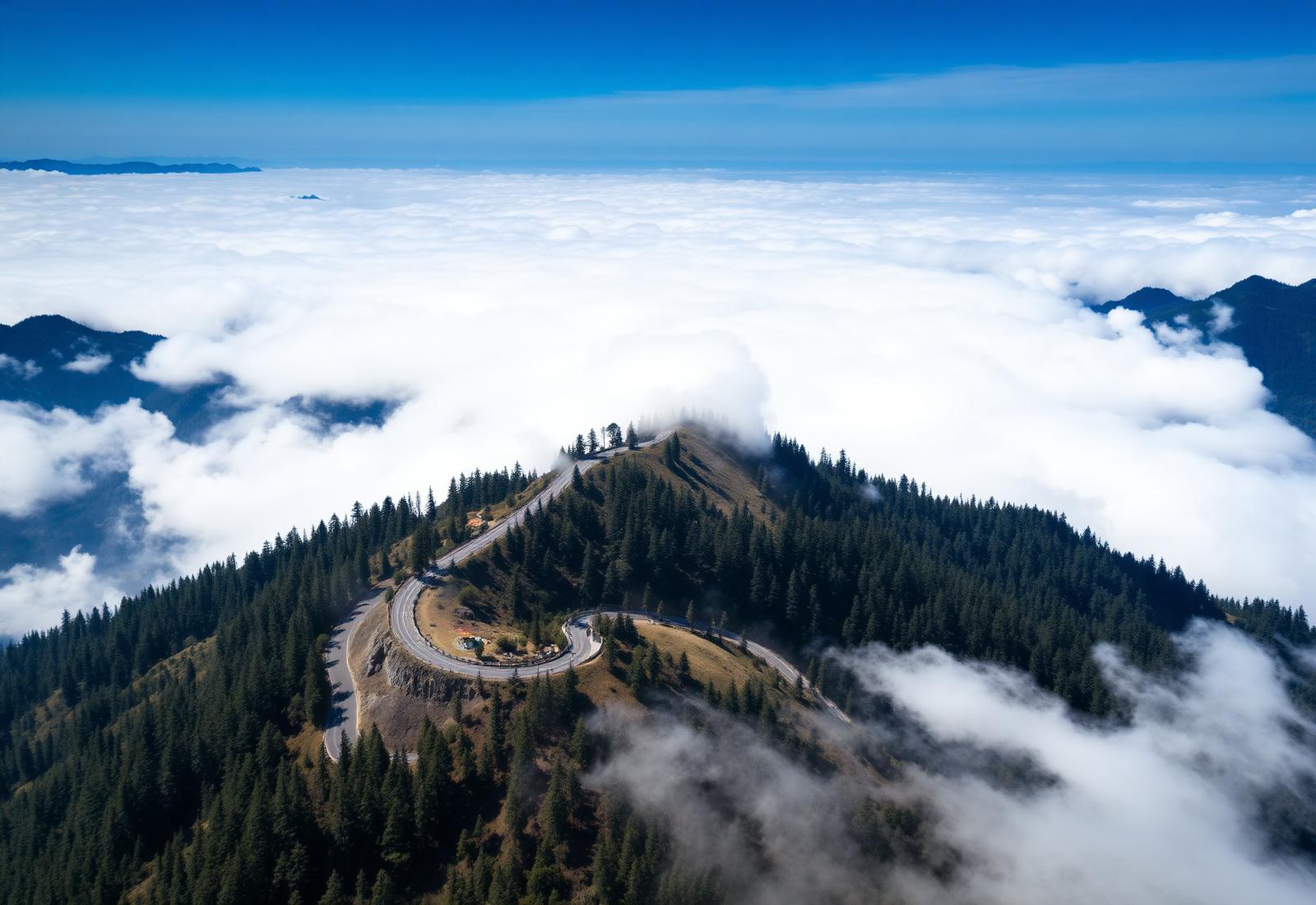 Winding mountain road above the clouds