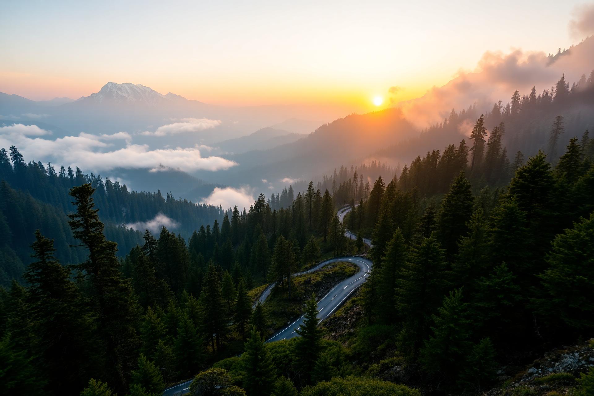 Misty Himalayan valley at sunrise with a winding mountain road